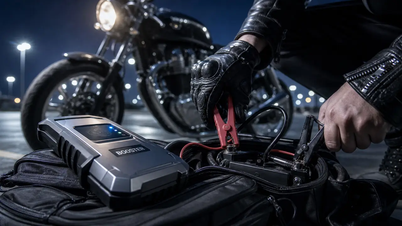Booster batterie moto lithium compact et pinces pour démarrage sécurisé