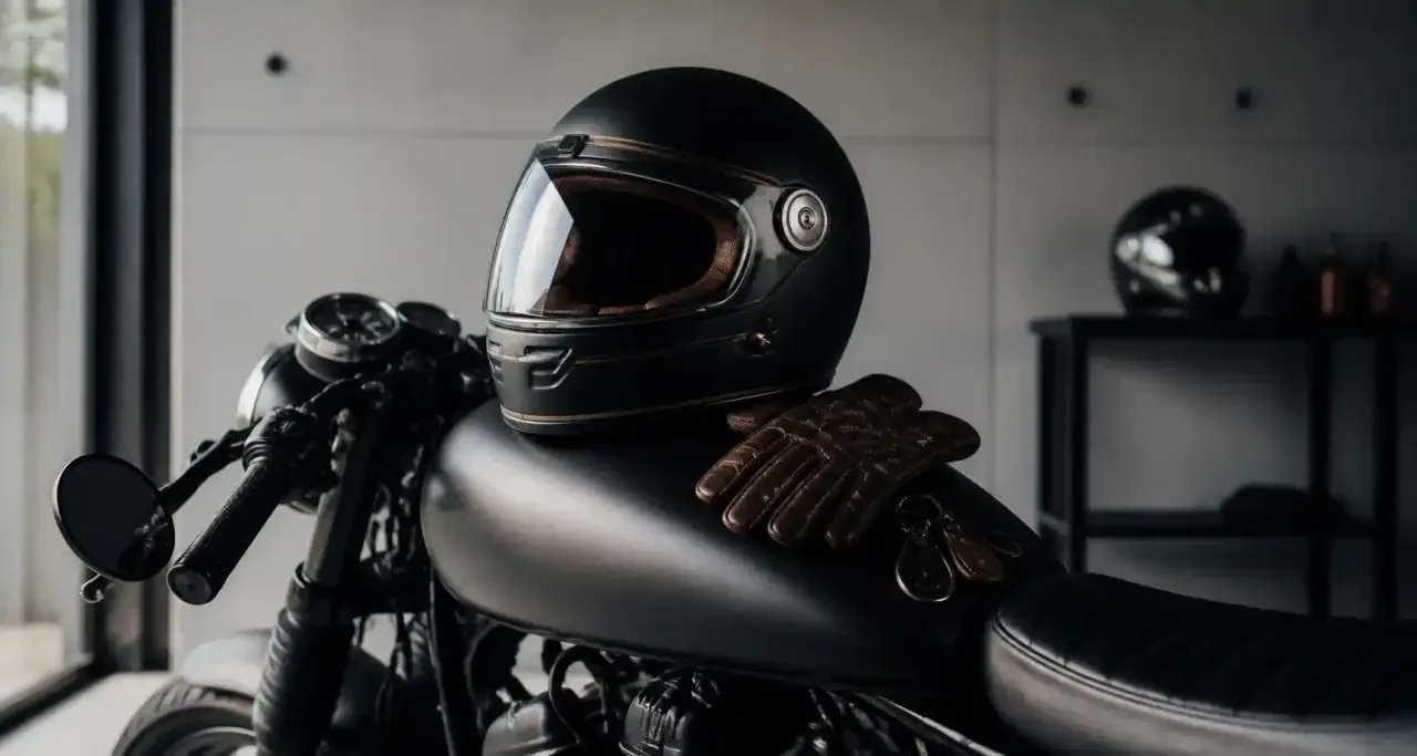 Casque moto haut de gamme posé dans un garage minimaliste