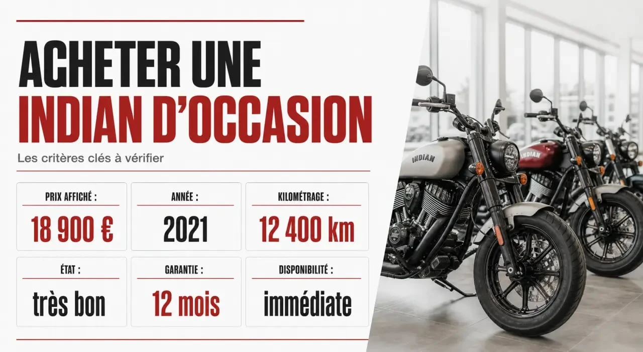 Moto Indian occasion : visuel comparatif des critères d’achat avec prix, année, kilométrage et garantie