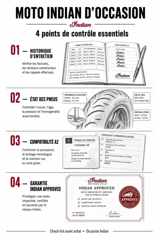 Infographie des points de contrôle pour l'achat d'une moto Indian d'occasion
