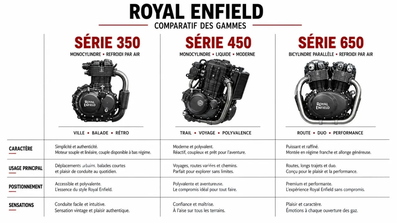 Comparatif des gammes de motos Royal Enfield : modèles 350, 450 et 650