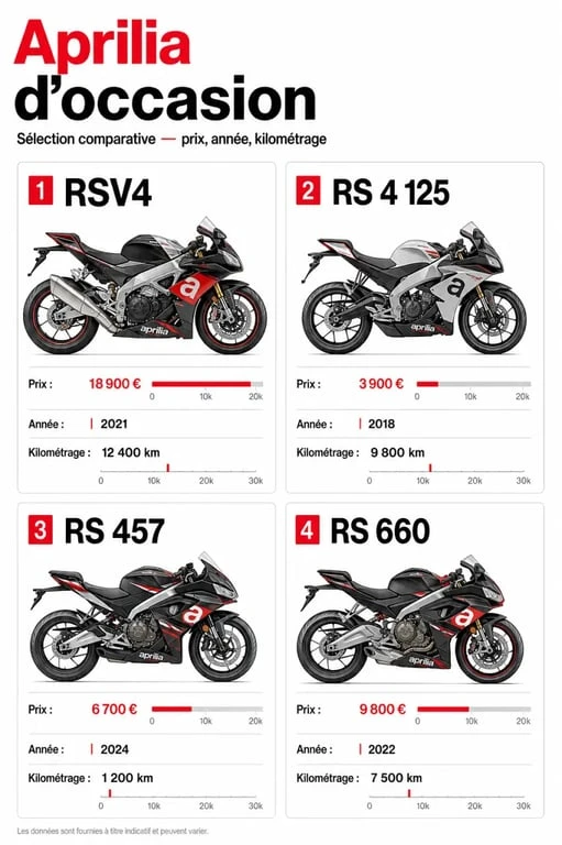 Aprilia occasion : comparaison visuelle de plusieurs modèles avec prix, année et kilométrage