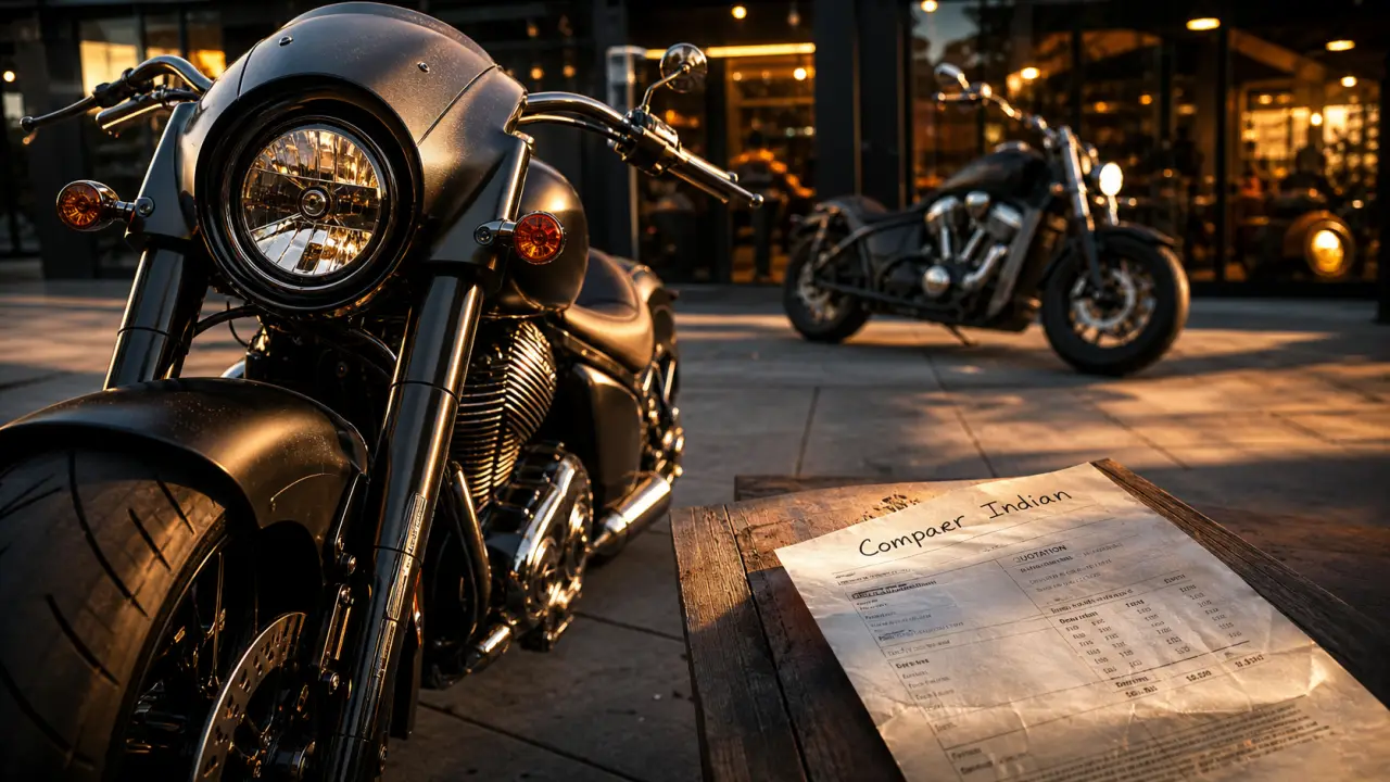 Gamme indian : Scout, Chief ou Challenger sur parking moto, chrome et cuir