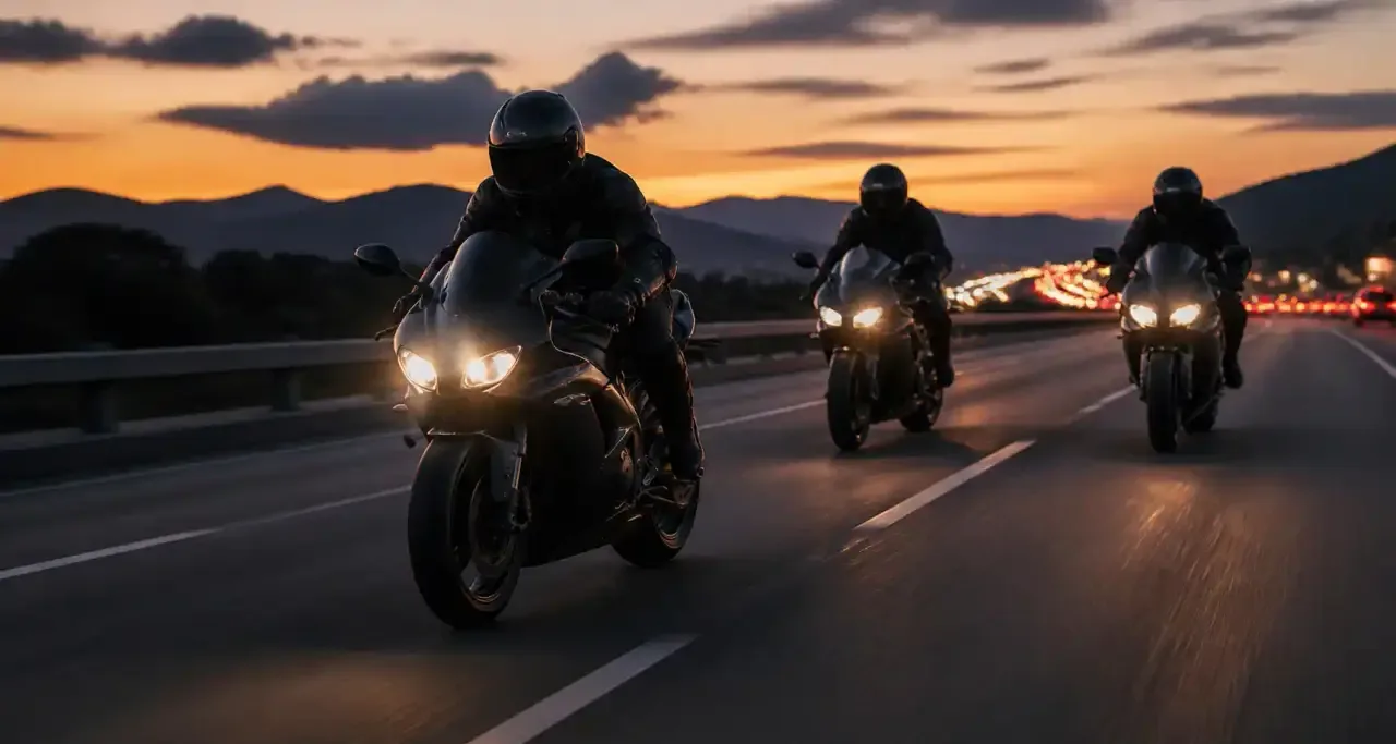 Groupe de motards roulant en formation sur autoroute au crépuscule