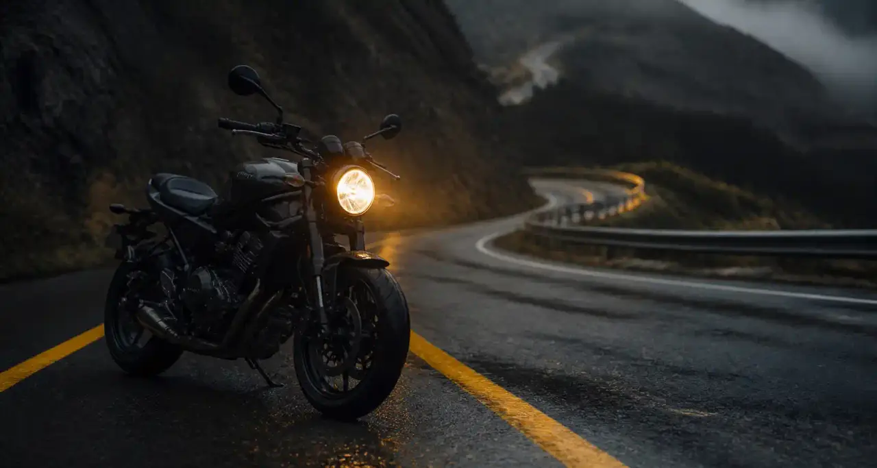 Moto roadster phare allumé sur une route de montagne à l'asphalte humide au crépuscule