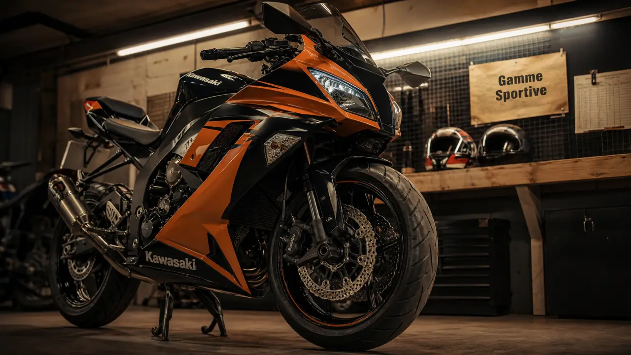 kawasaki moto sportive ZX-10RR, ZX-6R et Ninja 650 dans un garage
