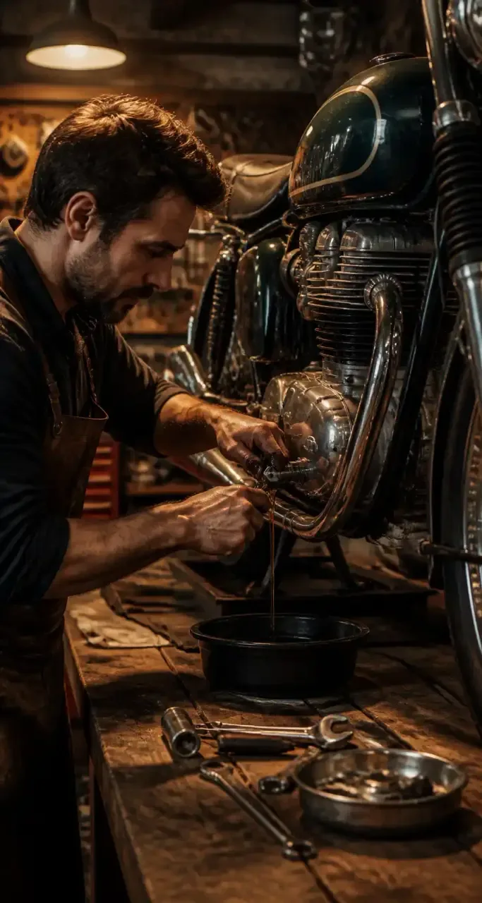 Mécanicien entretenant une moto vintage dans un atelier