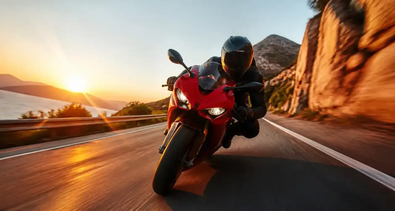 Motard sur moto sportive sur une route de montagne au coucher du soleil