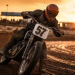 Moto track sur piste ovale en golden hour