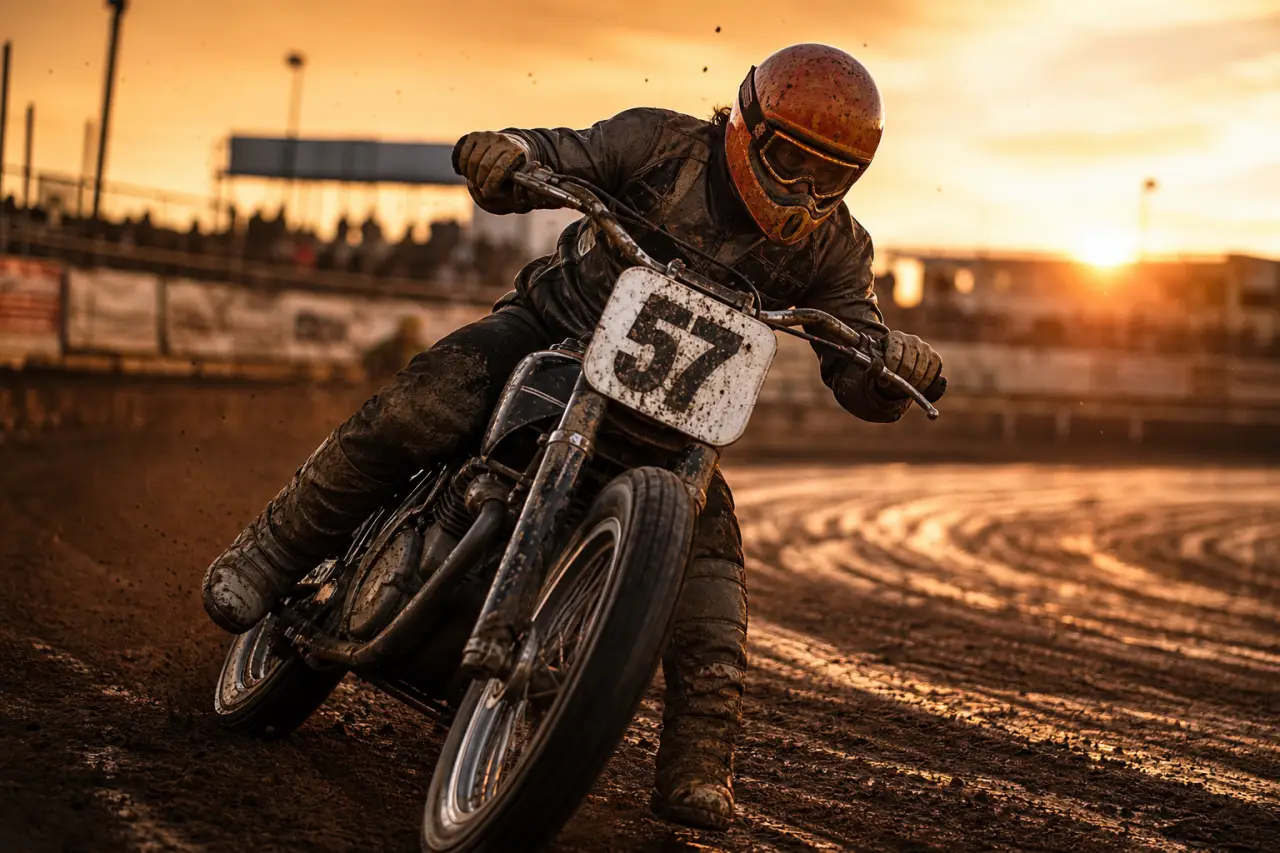 Moto track sur piste ovale en golden hour
