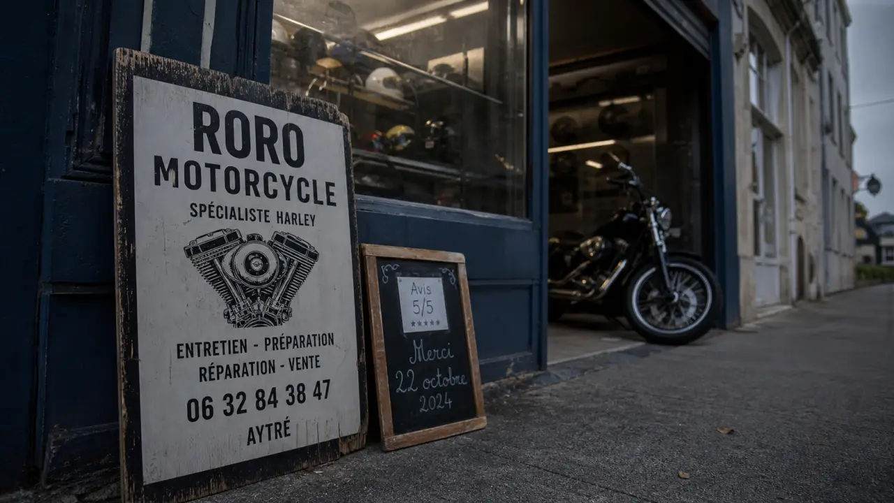 Track motor à Aytré : affiche avis 5/5 près d’un garage moto