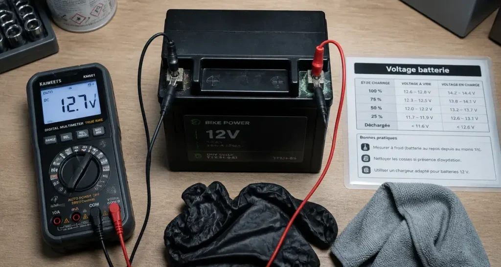 Voltage batterie moto : 12,6 V au repos, 13,5 à 14,5 V moteur tournant