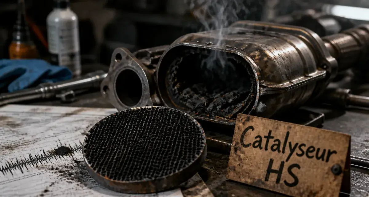 Catalyseur HS symptômes : pot catalytique fumant partiellement démonté