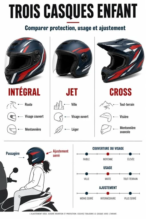 Casque moto fillette : comparatif visuel des casques intégral, jet et cross pour enfant