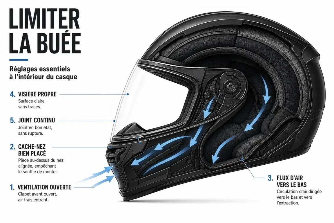 Réglages anti buée casque moto avec ventilation, cache-nez et visière propre