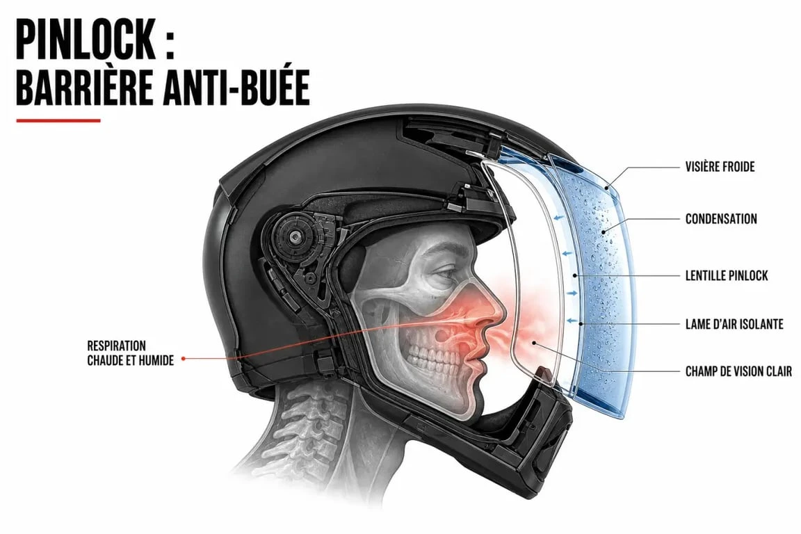Schéma anti buée casque moto montrant la condensation et l’effet Pinlock dans la visière