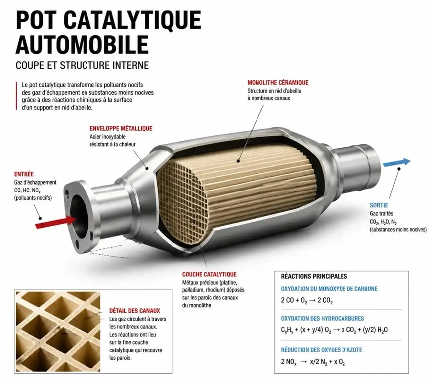 Schéma technique d'un catalyseur automobile illustrant les symptômes de défaillance et le fonctionnement interne
