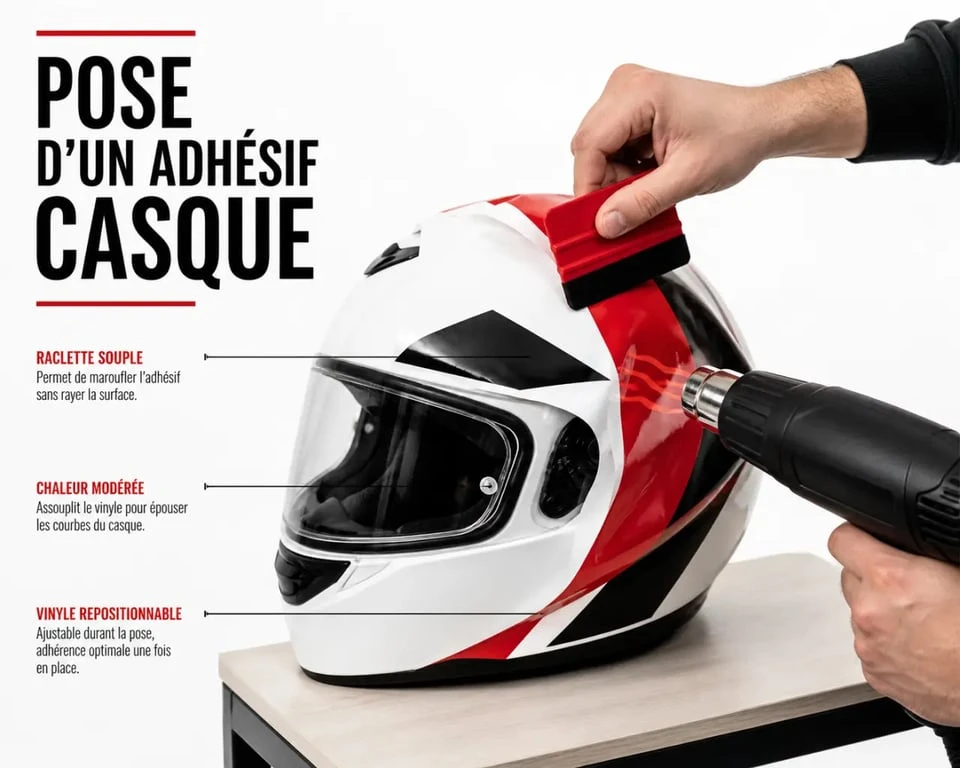 Déco casque moto : pose d’un kit déco sur un casque intégral avec raclette souple et décapeur thermique