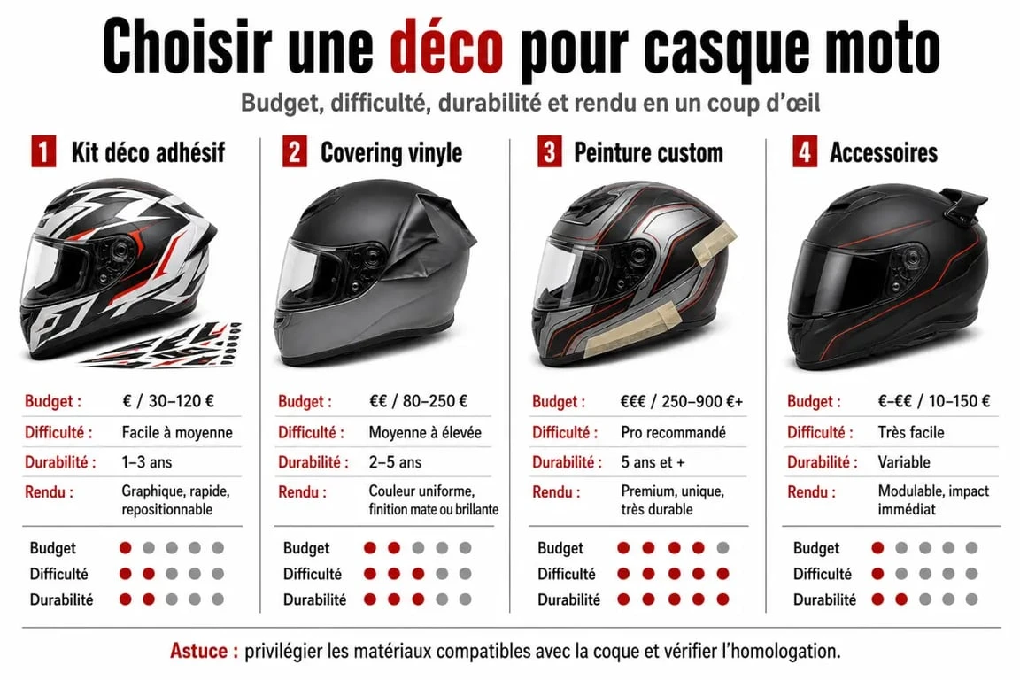 Déco casque moto : comparaison visuelle entre kit déco adhésif, covering vinyle, peinture custom et accessoires