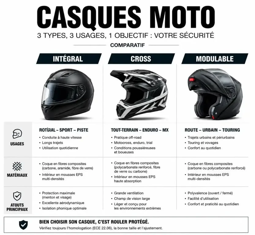 Infographie comparative des types de casques moto Monster Energy : intégral, cross et modulable.