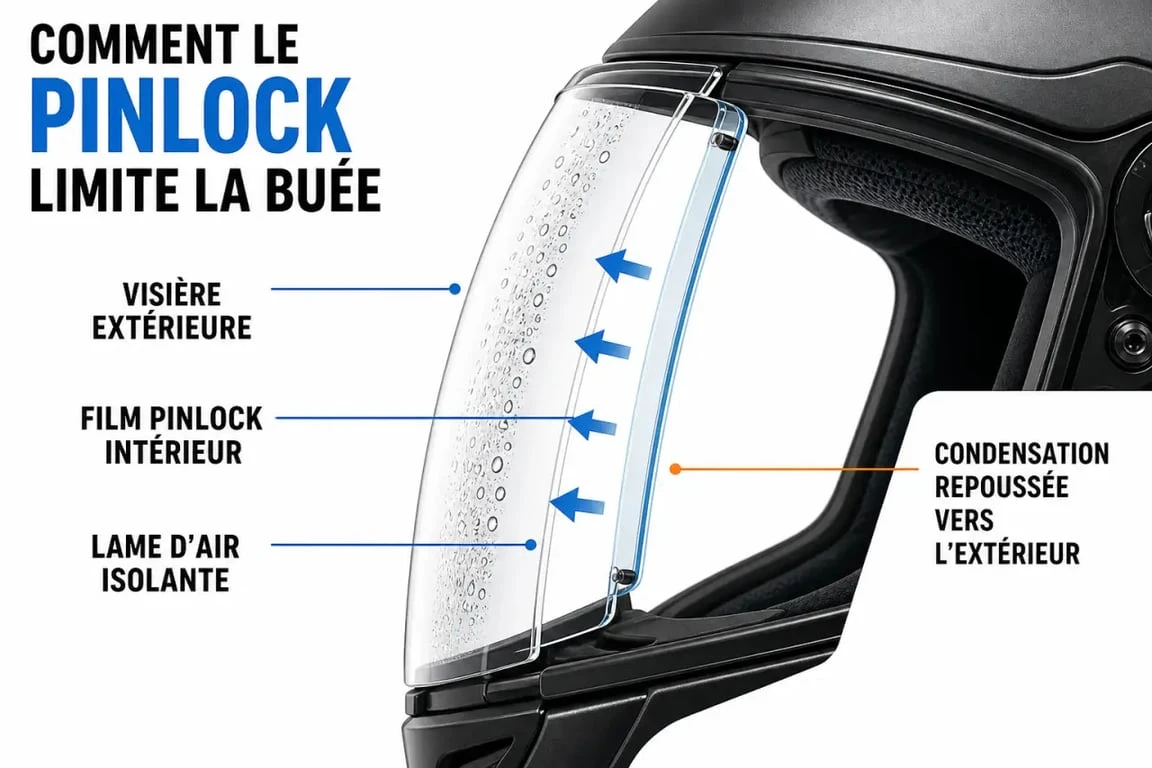 Schéma du Pinlock pour casque moto visiere et réduction de la buée