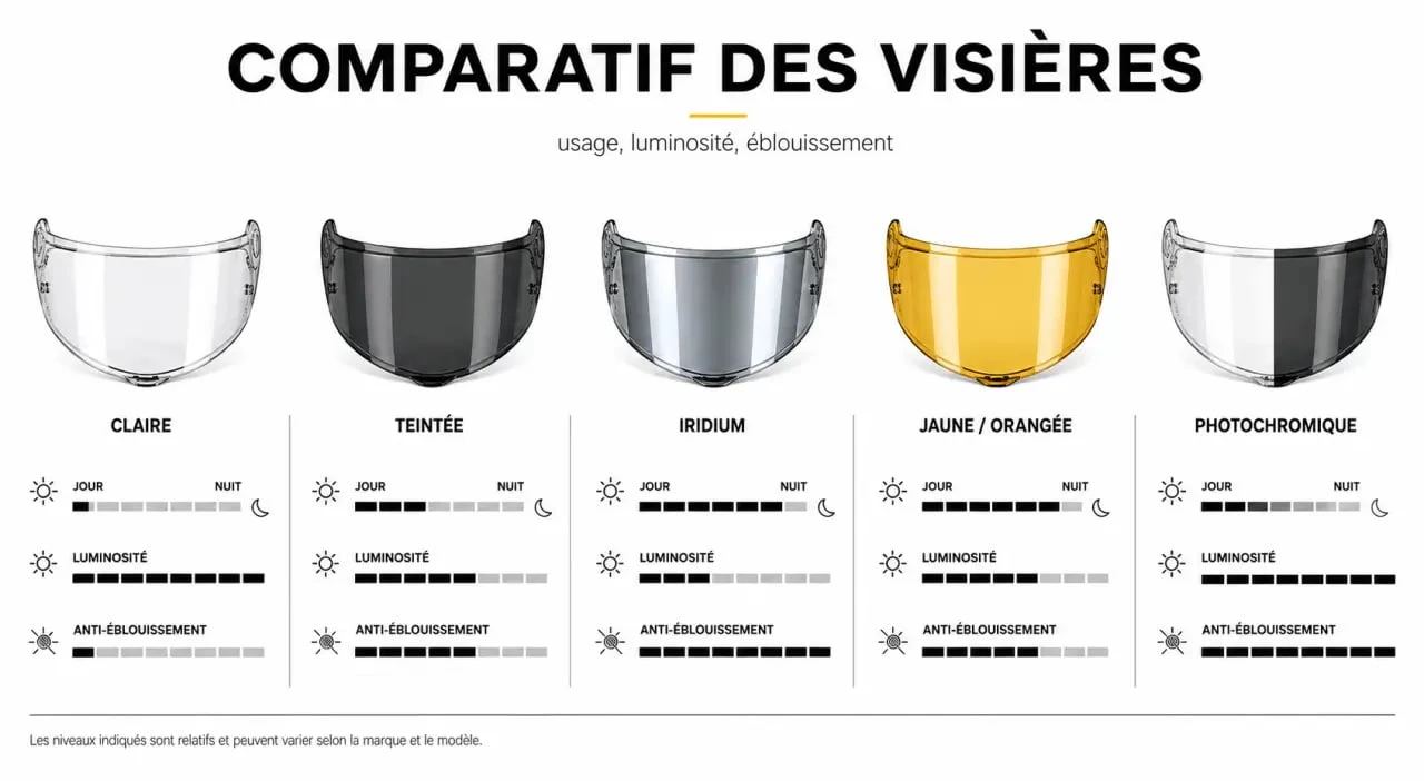 Comparatif des types de casque moto visiere selon l’usage et la luminosité