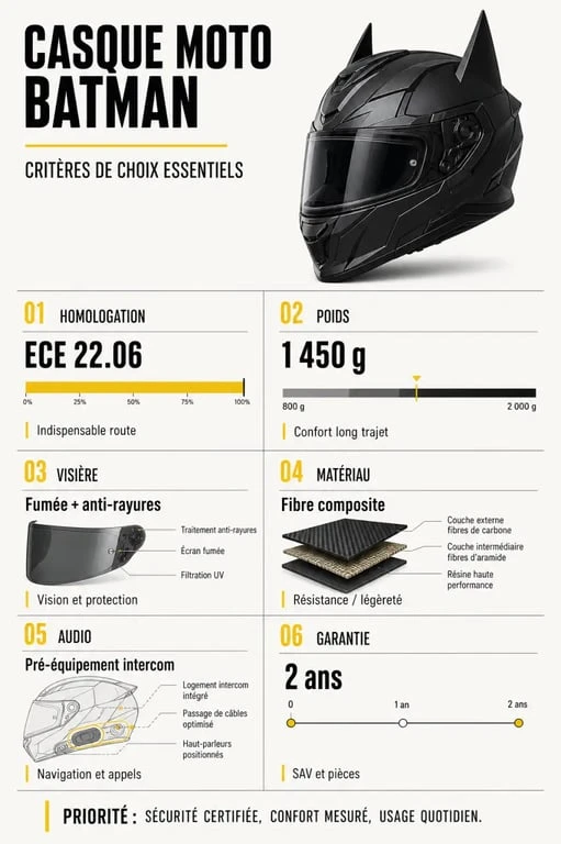 Comparatif des critères d’un casque moto Batman : homologation, poids, visière et audio