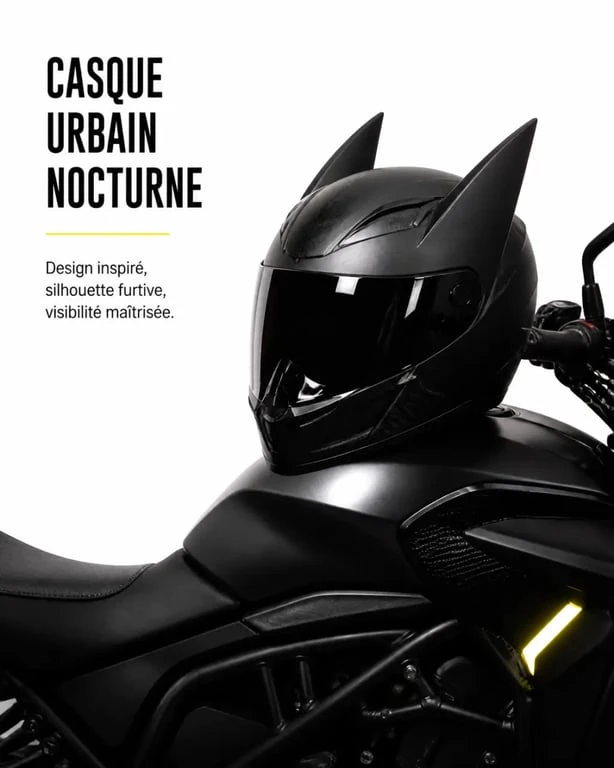 Casque moto Batman noir inspiré de Gotham sur une moto de nuit