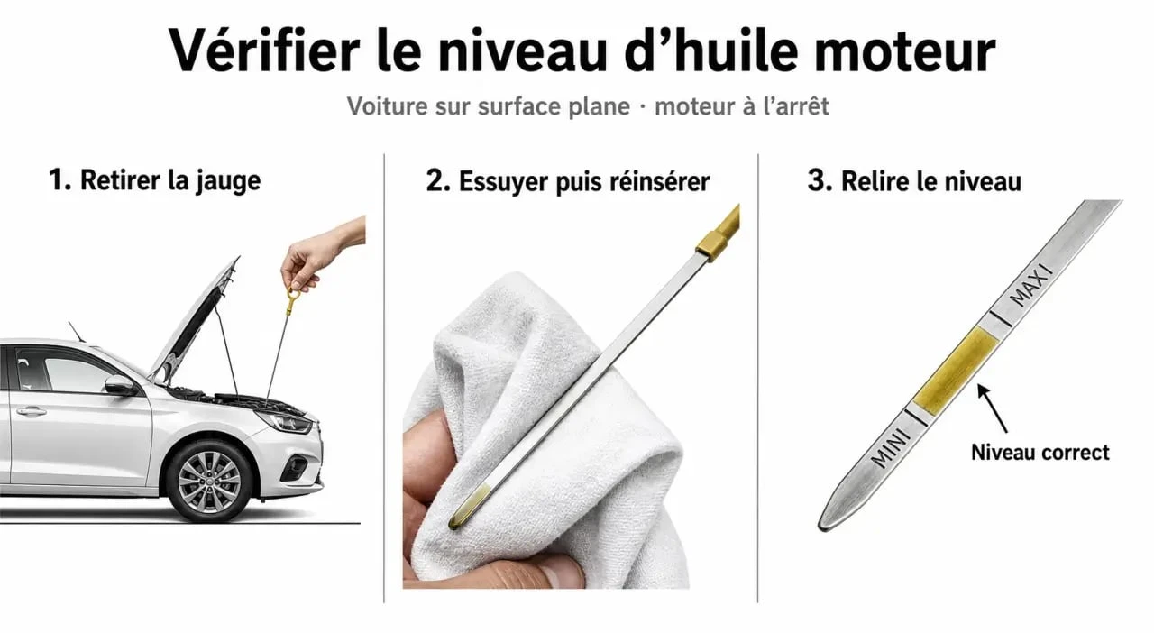 Huile moteur niveau : schéma de contrôle sur jauge avec repères mini et maxi