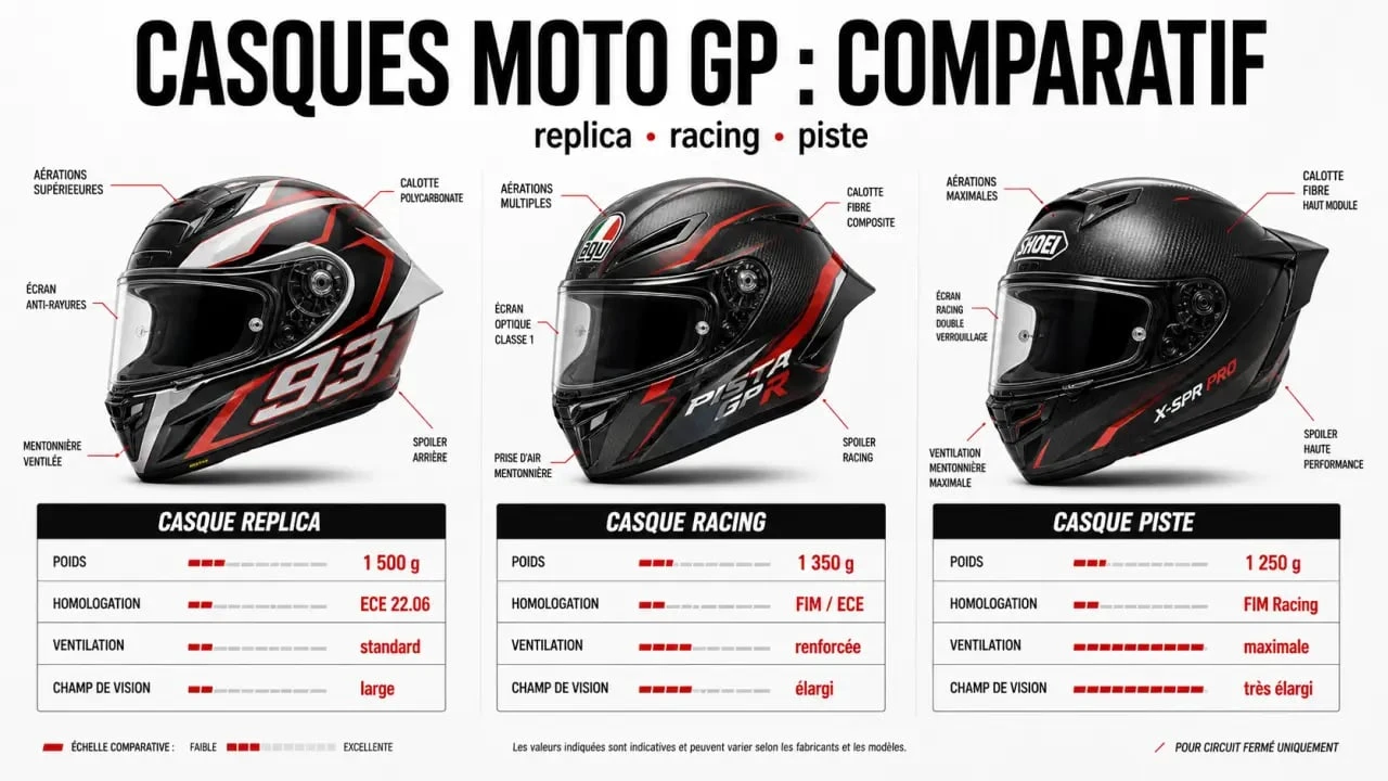 Comparatif casque moto gp entre replica, racing et piste