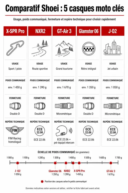 Comparatif visuel des modèles de casque moto Shoei selon l’usage, le poids et l’homologation