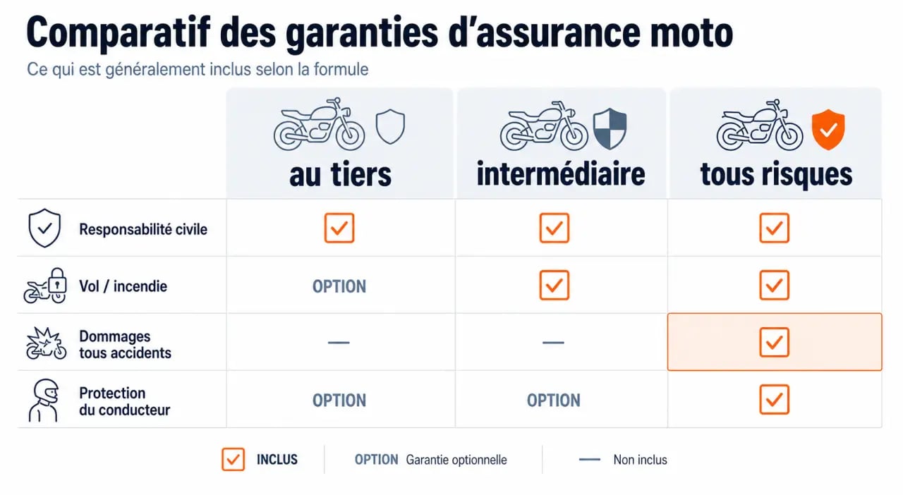 Comment bien assurer sa moto pour rouler en toute sérénité : comparaison visuelle des formules au tiers, intermédiaire et tous risques
