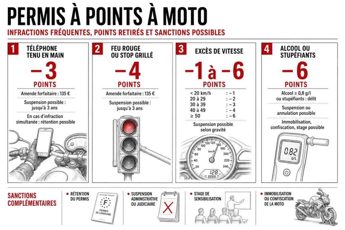 Permis à points à moto : infographie des infractions, retraits de points et suspensions