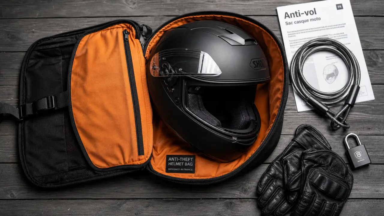 Sac casque moto anti-vol ouvert avec câble et cadenas
