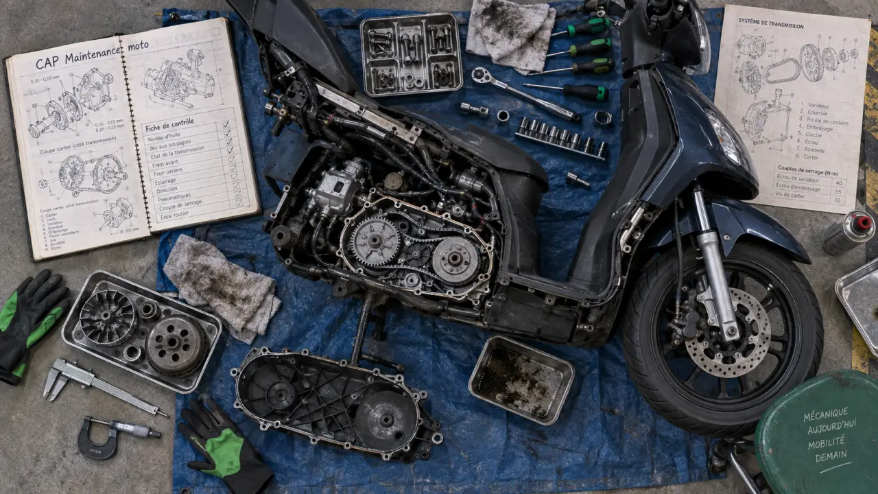 CAP mécanique moto : atelier, moto démontée et diagnostic en vue de dessus