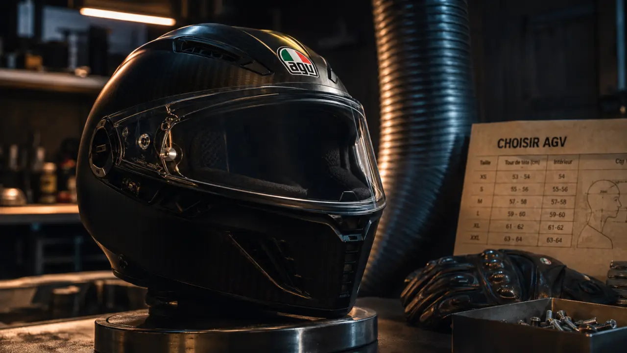 Casque moto AGV intégral dans un garage, visière fermée
