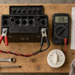 Charger batterie moto : pinces du chargeur sur batterie 12 V, branchement sécurisé