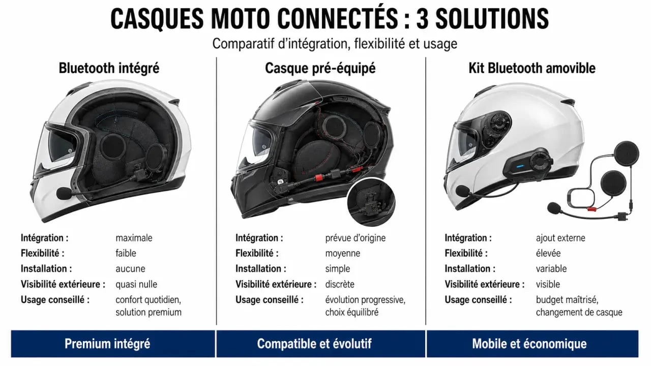 Casque moto connecté : comparaison visuelle entre Bluetooth intégré, casque pré-équipé et kit amovible