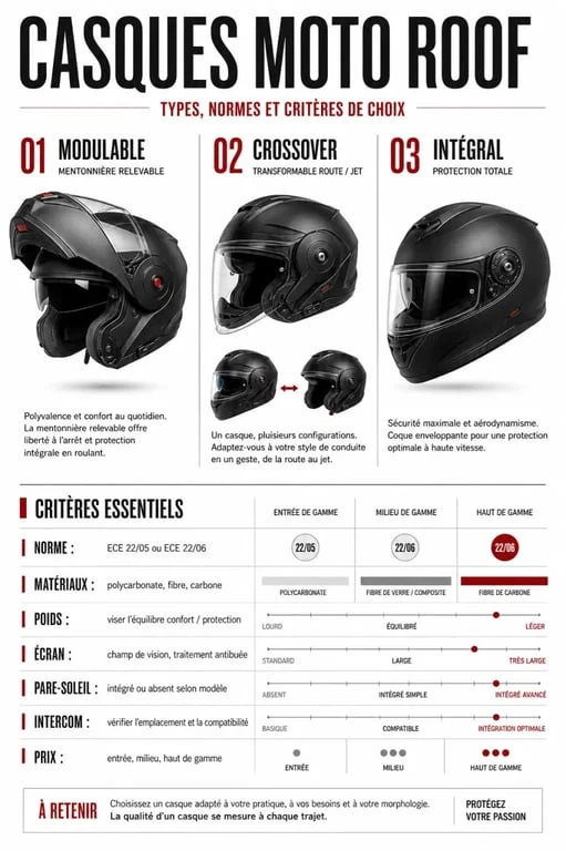 Casque moto Roof : comparaison visuelle des types, normes et critères de choix