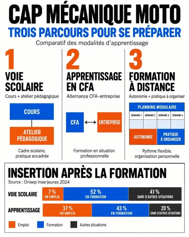 Infographie sur le CAP mécanique moto, les modalités de formation et les débouchés