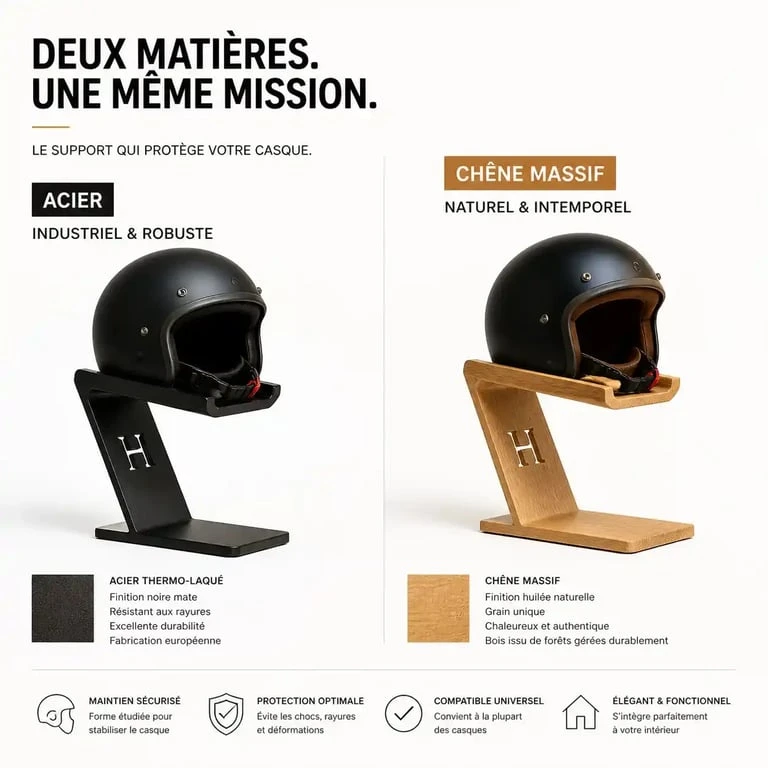 Comparaison support casque moto en acier et en bois