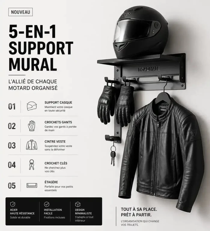 Support casque moto multifonction 5 en 1 pour organiser son équipement