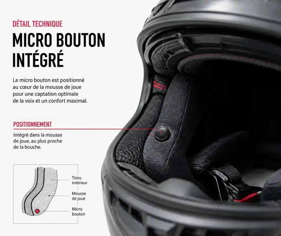 Positionnement du micro bouton d'un intercom dans la mousse de joue d'un casque moto intégral