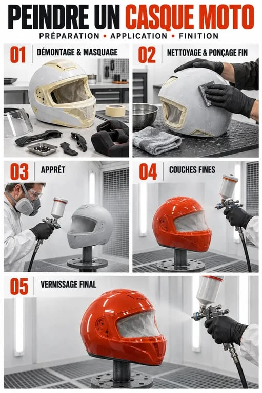 Étapes de peinture pour casque moto, de la préparation de la coque au vernissage