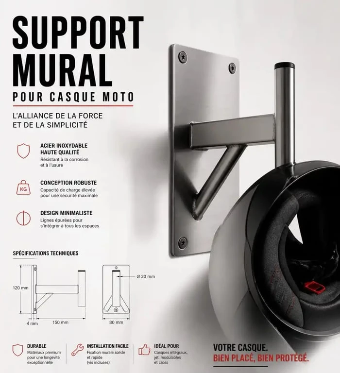 Support mural pour accessoire casque moto en acier inoxydable