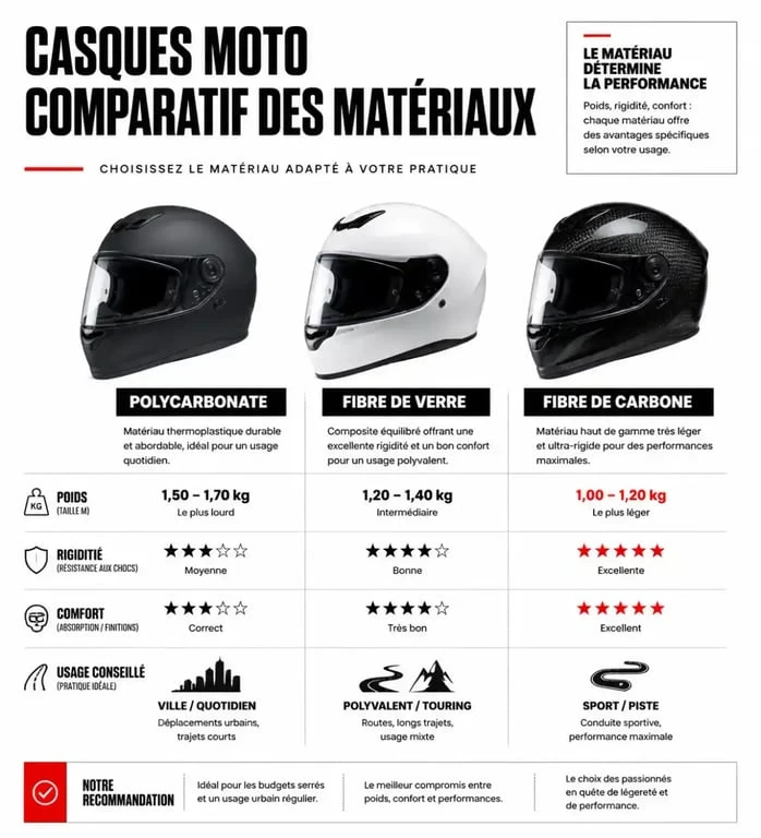 Casque moto carbone comparé à la fibre de verre et au polycarbonate