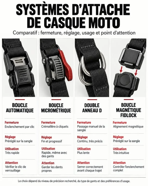Infographie comparative des systèmes d’attache casque moto