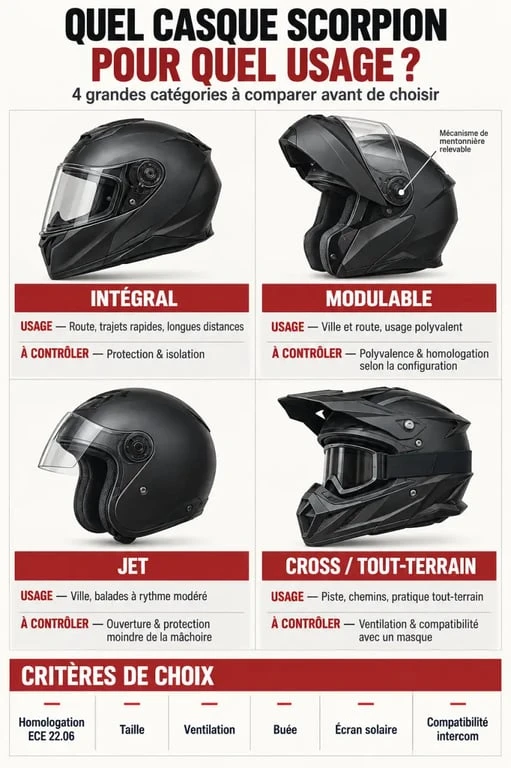 Infographie des types de casque moto Scorpion et de leurs usages