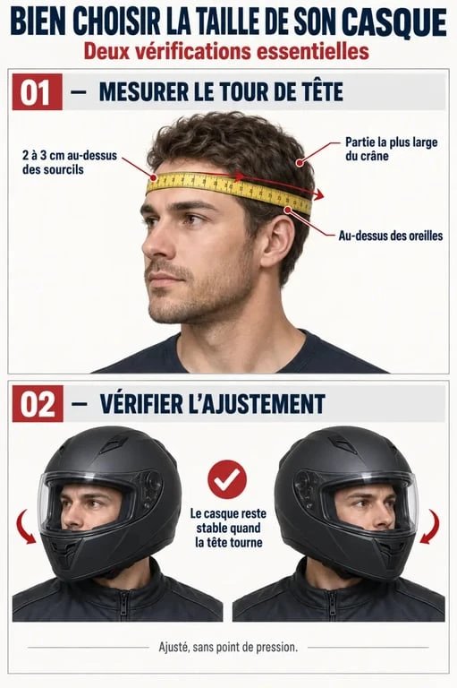 Infographie pour choisir la taille casque moto en mesurant correctement le tour de tête