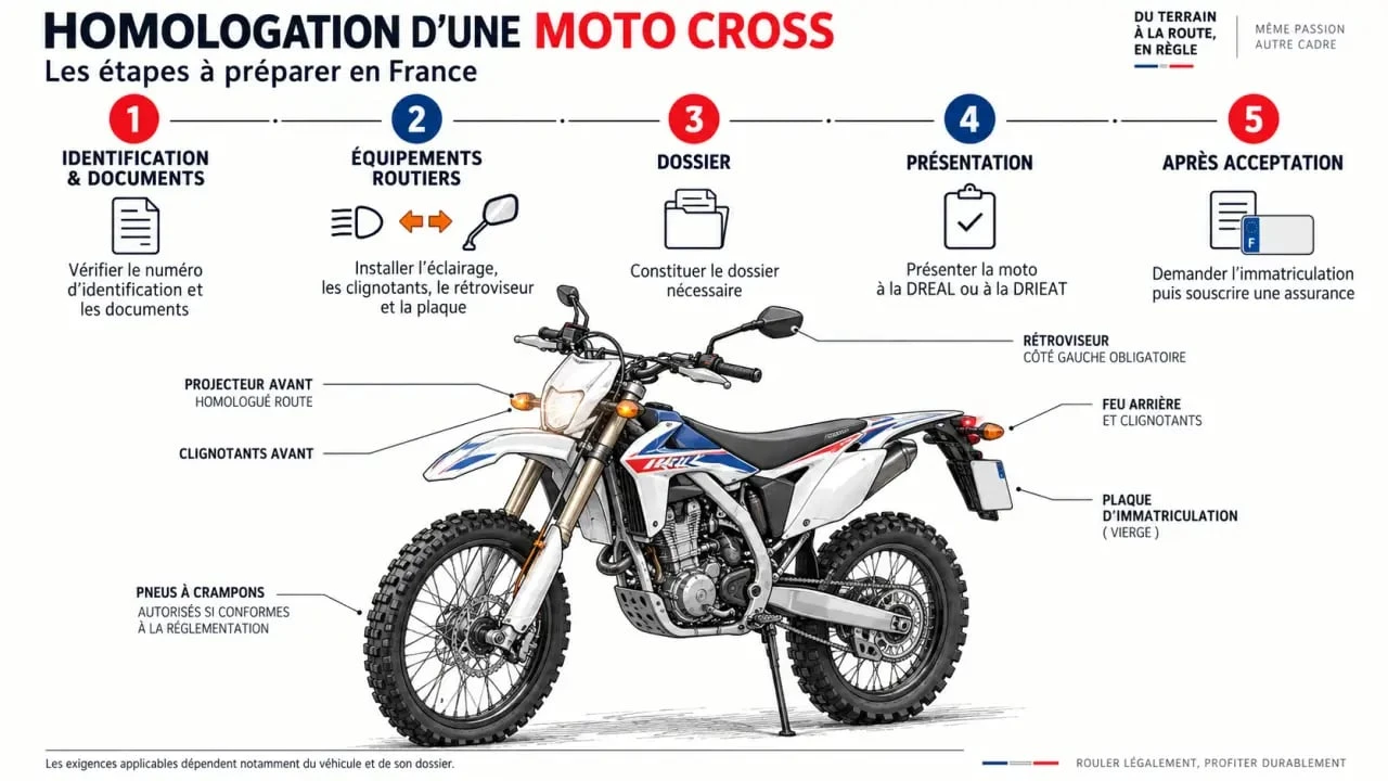 Infographie sur les étapes de l’homologation moto cross en France